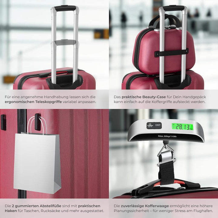 TecTake® Hartschalenkoffer-Set, 19-teilig, ABS-Hartschale, mit TSA-Schloss, 360° Rollen, Packwürfels