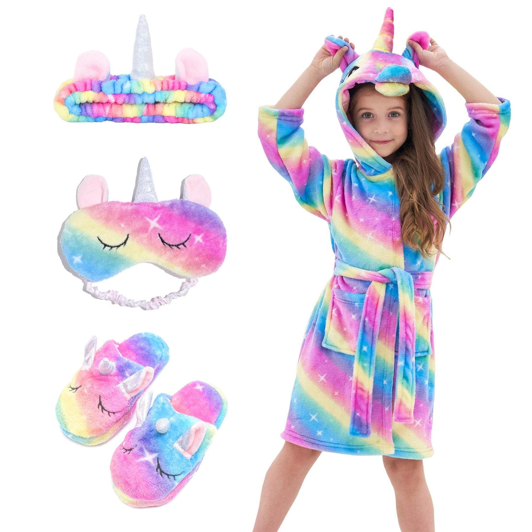 Piefry Weicher Einhorn-Bademantel mit Kapuze für Mädchen mit Einhorn-Pantoffeln, Augenbinde und Stir