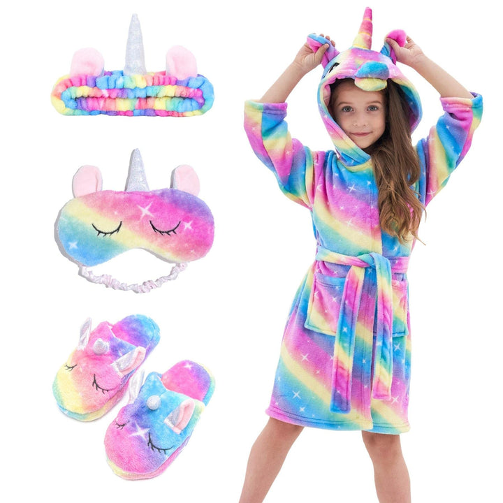 Piefry Weicher Einhorn-Bademantel mit Kapuze für Mädchen mit Einhorn-Pantoffeln, Augenbinde und Stir