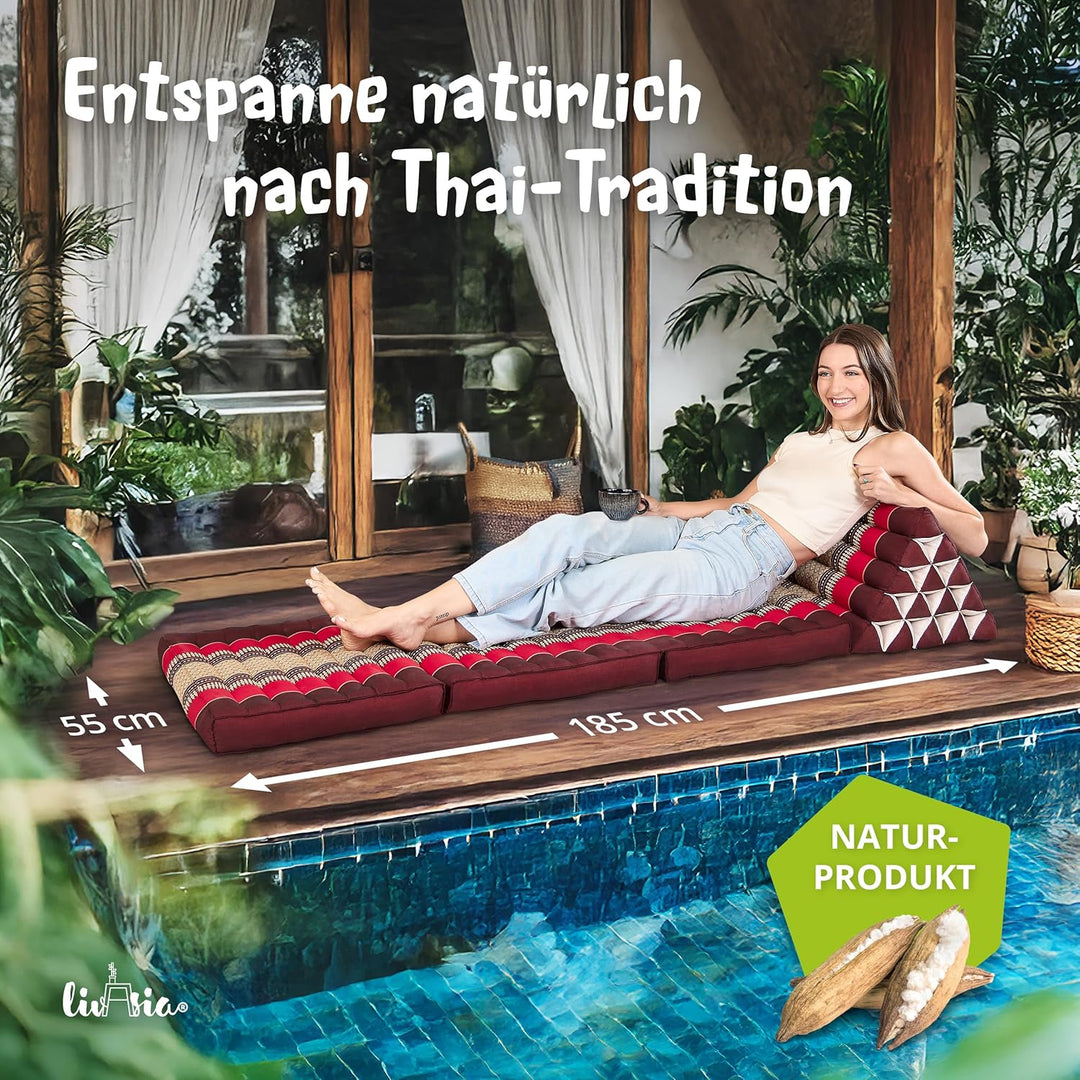 livasia Thaikissen 3 Auflagen extrahoch - 185x55x8cm - Dreieckskissen mit Klappmatratze, Kapok, Jumb