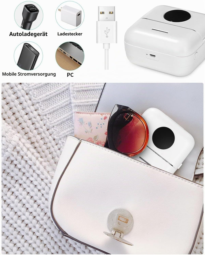 Mini Drucker,Tragbarer Mini Fotodrucker,Wireless Fotodrucker Thermodrucker mit 13 Rollen Druckerpapi