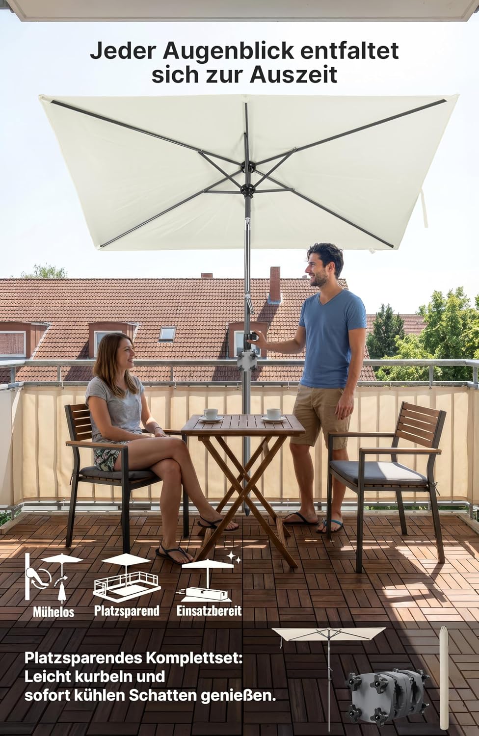 4smile SunnyShade Sonnenschirm Balkon mit Halterung im 3-er-Set, UV 50+, 210x140 cm, Beige, Sonnensc