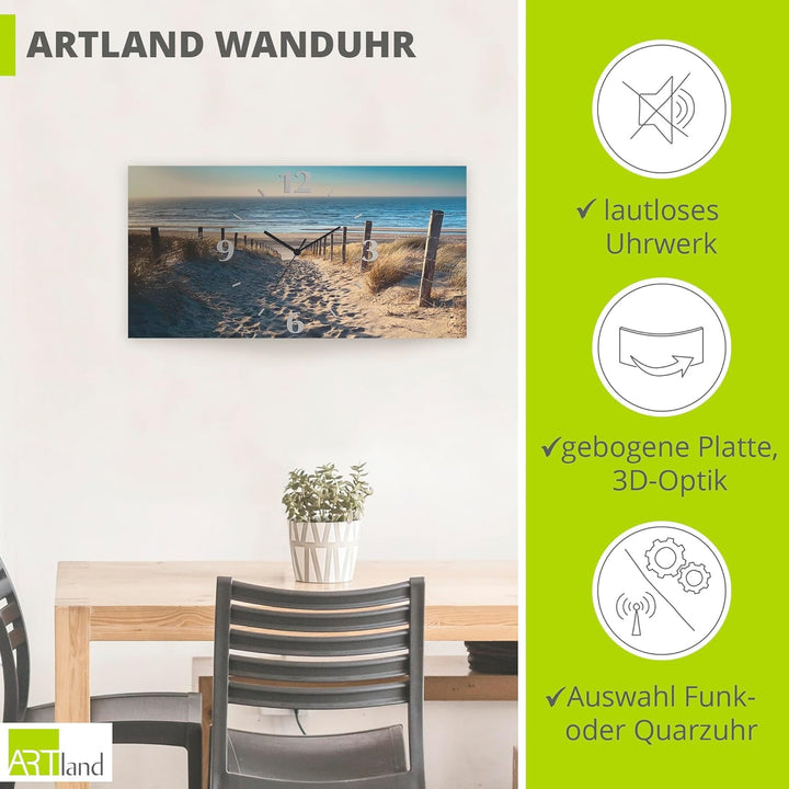 ARTLAND Wanduhr ohne Tickgeräusche Alu Quarzuhr 60x30 cm Rechteckig Lautlos Strand Meer Düne Nordsee