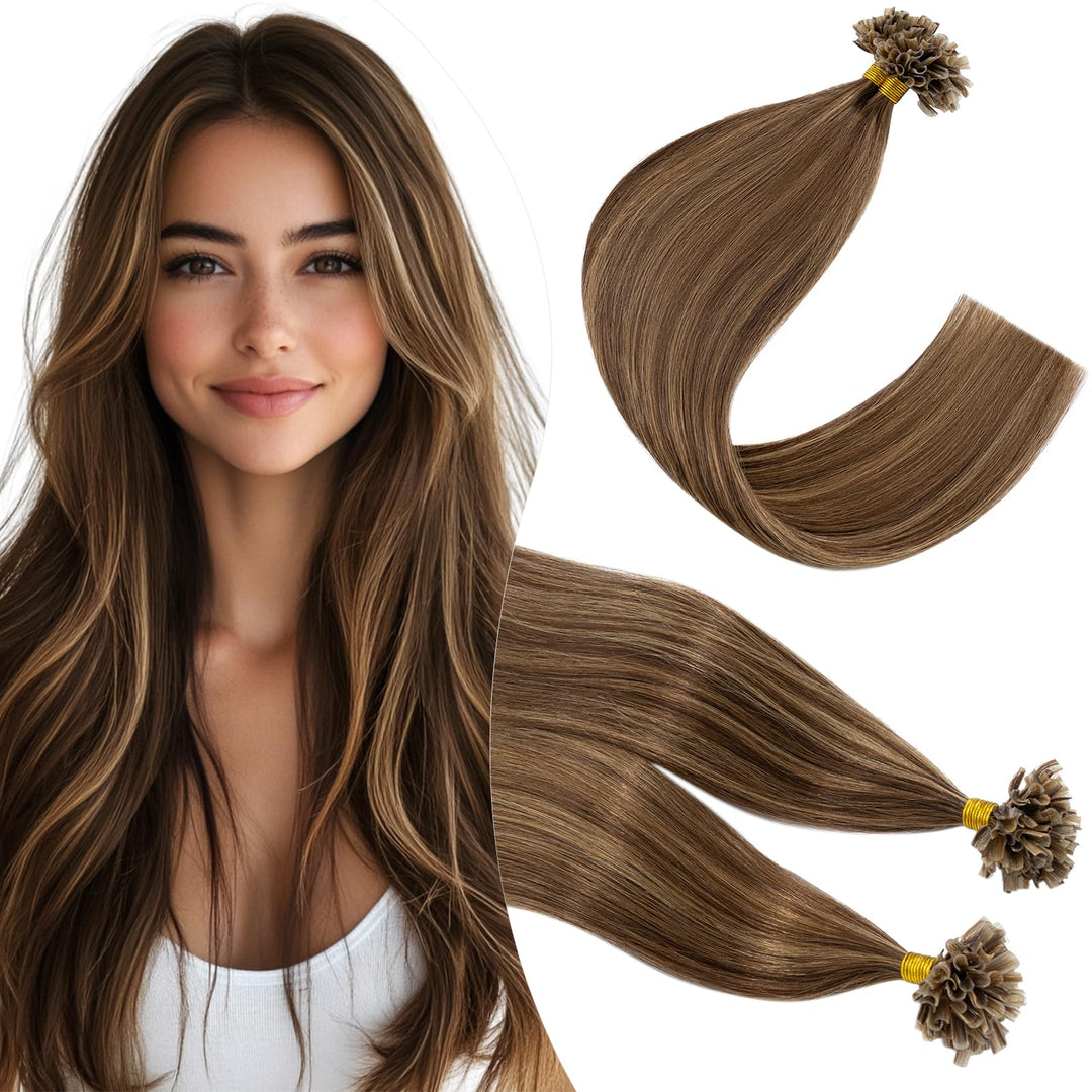 Elailite U-Tip Echthaar Bonding Extensions Keratin Haarverlängerung Haar Glatt 20''(50 cm) #4P27 Mit