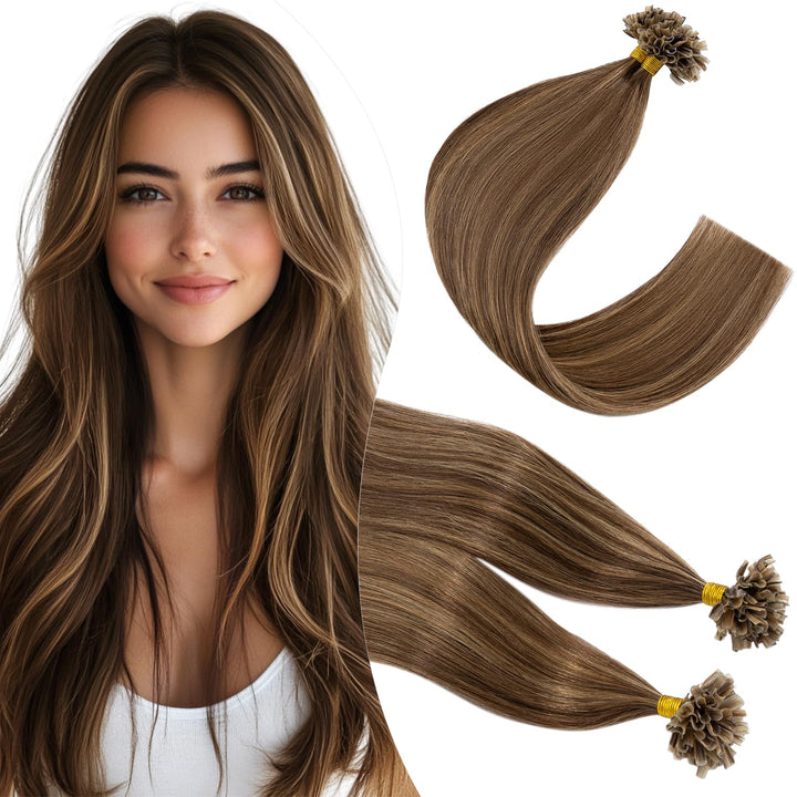 Elailite U-Tip Echthaar Bonding Extensions Keratin Haarverlängerung Haar Glatt 20''(50 cm) #4P27 Mit