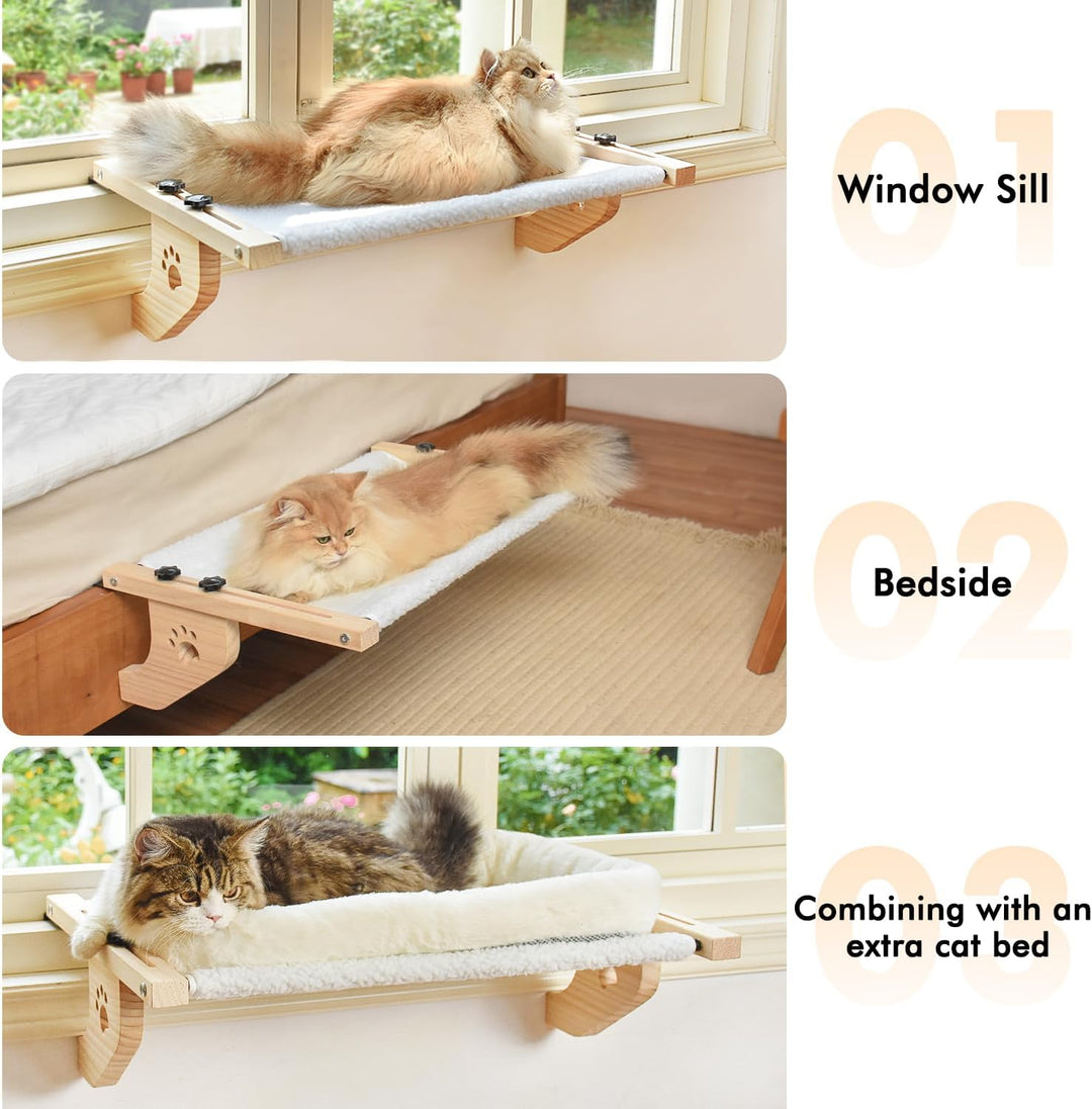 AMOSIJOY Katzenbank-Fensterstange, stabile Katzenhängematte, Fenstersitz mit Holz- und Metallrahmen