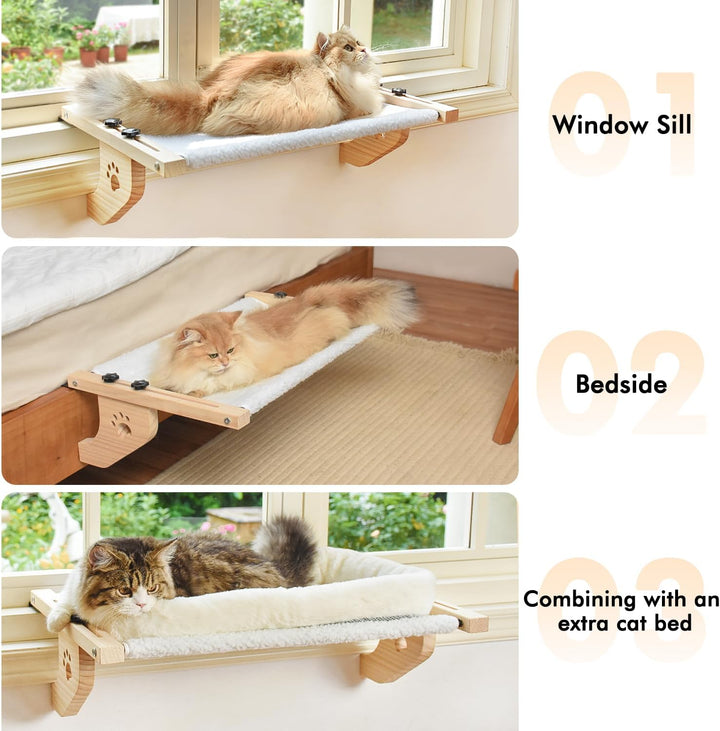 AMOSIJOY Katzenbank-Fensterstange, stabile Katzenhängematte, Fenstersitz mit Holz- und Metallrahmen