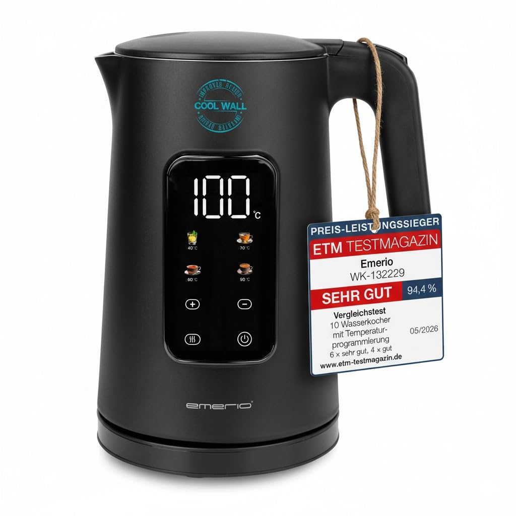 EMERIO Wasserkocher Edelstahl 1.7L | isolierte Doppelwand | Temperaturwahl 40-100°C in 5°C Schritten