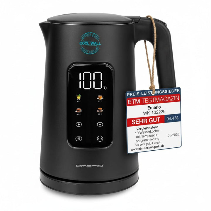 EMERIO Wasserkocher Edelstahl 1.7L | isolierte Doppelwand | Temperaturwahl 40-100°C in 5°C Schritten