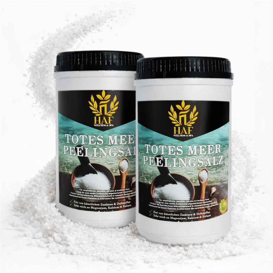 HAF® Premium Totes Meer Peelingsalz für empfindliche &amp; trockene Haut | 2 x 1 kg in Dosen | Salz Peel