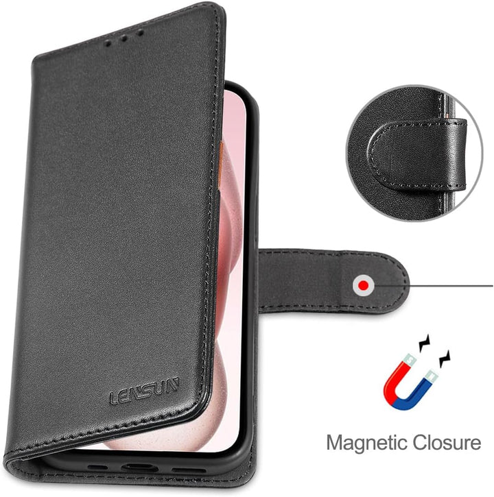 LENSUN Echtleder Hülle für iPhone 15, Handyhülle [Echtes Leder][Magnetverschluss][RFID Schutz] Handy