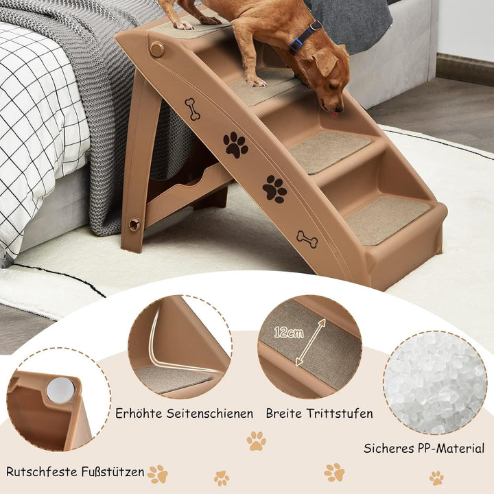 GYMAX Haustiertreppe mit 4 Stufen, klappbare Hundetreppe aus Kunststoff mit rutschfesten Fusspolster