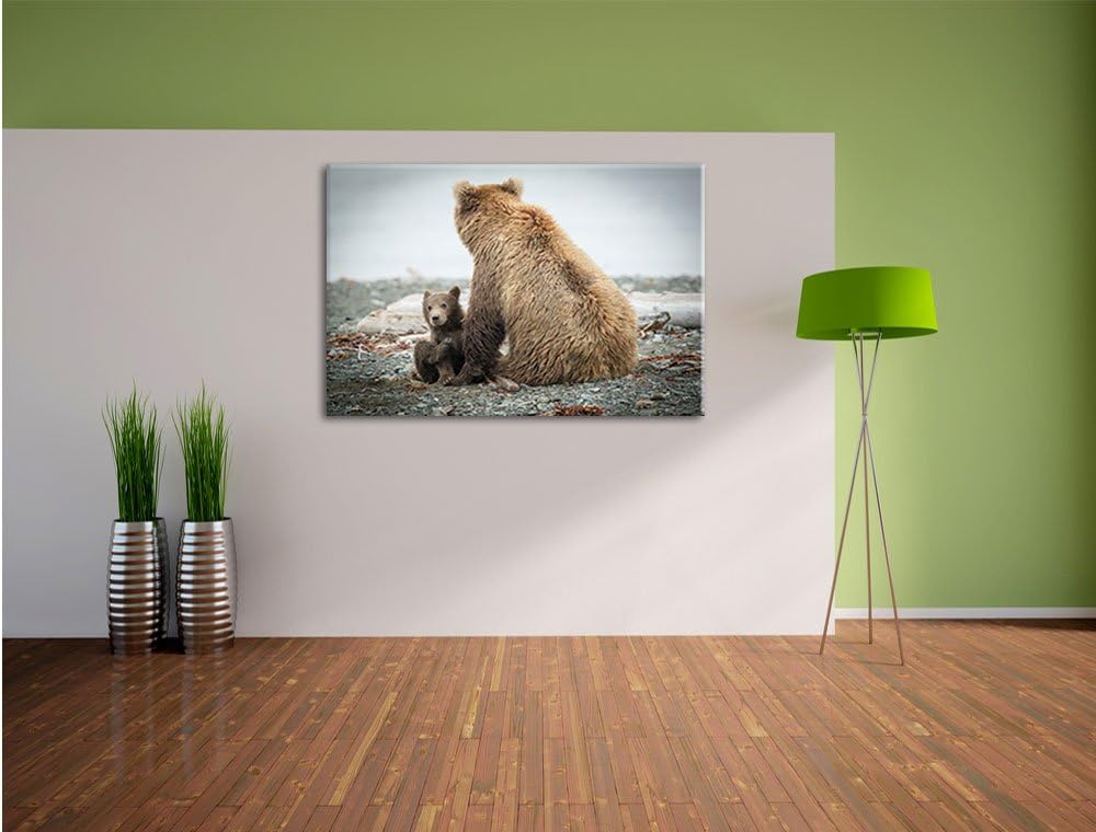 Pixxprint Bär mit Baby nach dem Baden, Format: 100x70 auf Leinwand, 100x70