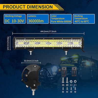 Willpower 17 Zoll 43CM 360W Led Arbeitsscheinwerfer Bar + 4 Zoll 10CM 60W Led Scheinwerfer + Kabelba