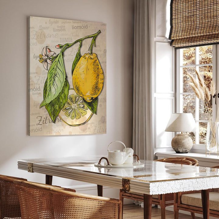 wandmotiv24 Obst & Gemüse als Leinwandbild, 60x45cm, Hochformat, Zitrone, Zeichnung, Küche, Lebensmi