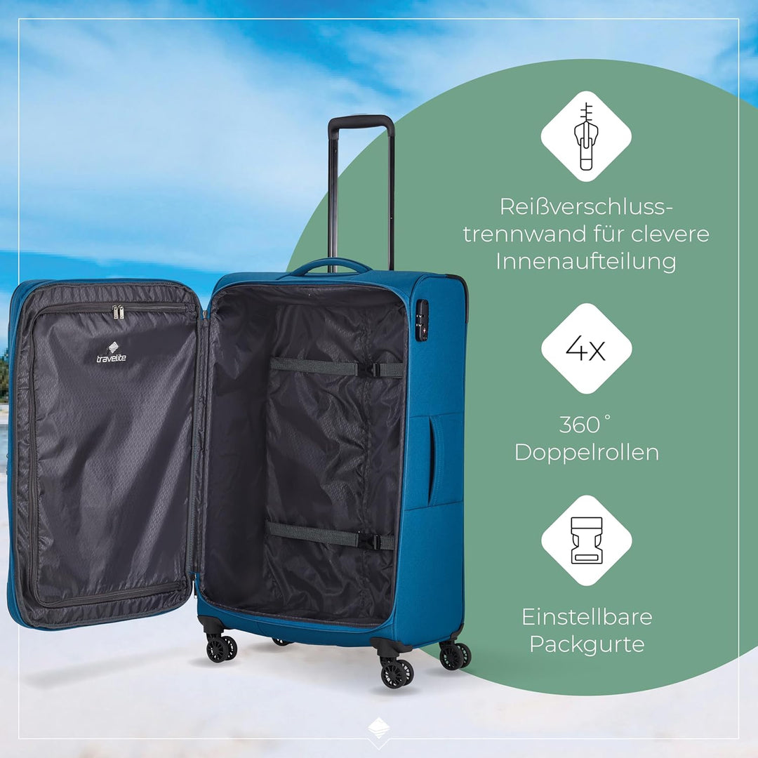 travelite 4-Rad Koffer Grösse L Weichschale, Gepäck Serie CHIOS mit Dehnfalte + Kantenschutz, Trolle