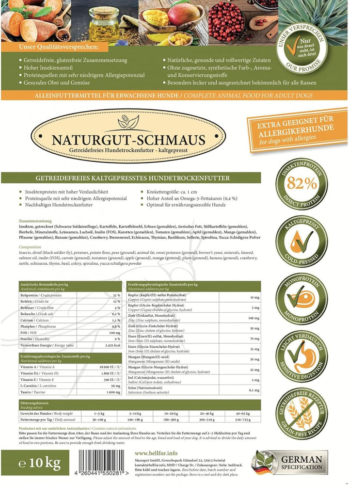 Bellfor Naturgut-Schmaus Hochwertiges Kaltgepresst Hypoallergenes Trockenfutter für Hunde mit Insekt