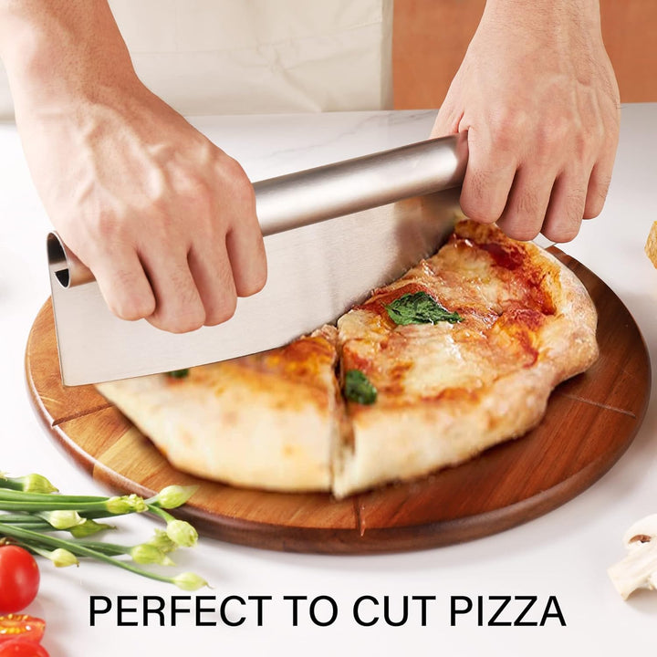 Pizzabrett Akazienholz, TJ POP 30 x30 cm Pizzateller Pizzaschneidebrett mit Pizzaschneider und Pizza