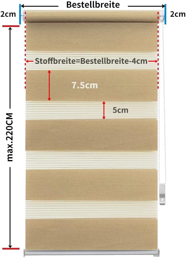 OBdeco Doppelrollo Duo Rollo Klemmfix ohne Bohren B80cm x H220cm(Stoffbreite 76 cm) Sand für Fenster