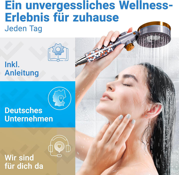 LOBENSWERK Duschkopf mit Filter [3 Modi - inkl. Booster] Duschkopf wassersparend mit Mineralperlen |