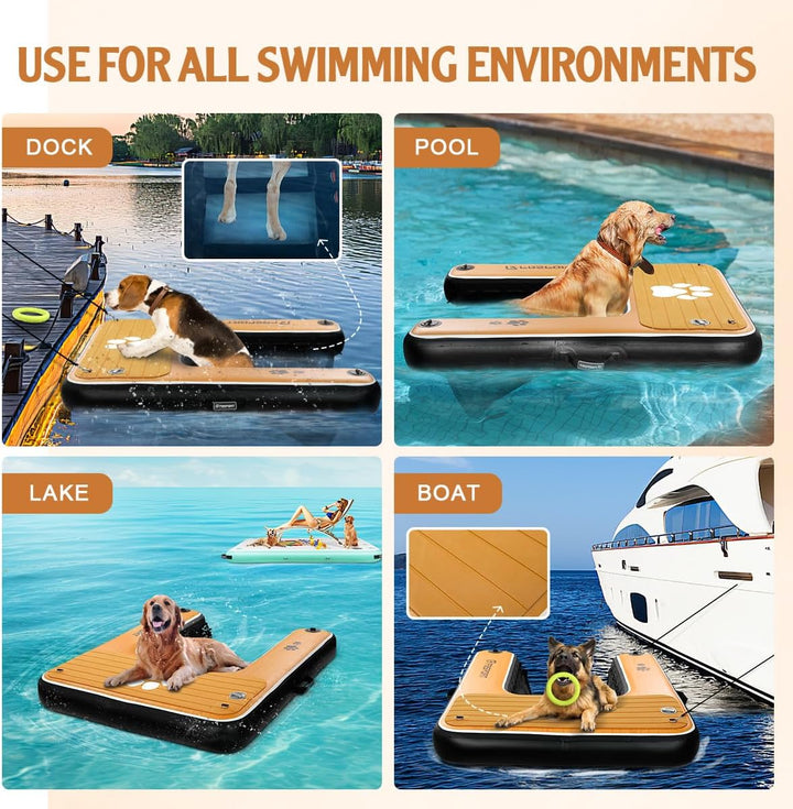 FBSPORT Hunderampe Aufblasbare Hunde Wasserrampe, Hundeboot Rampe Schwimmende Dock Leiter für Pool,