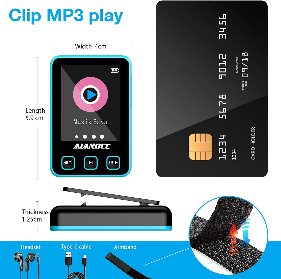 MP3 Player Bluetooth 5.3 mit Sport Clip und Sportarmband, mp3-player mit 1,77 Zoll TFT Farbbildschir