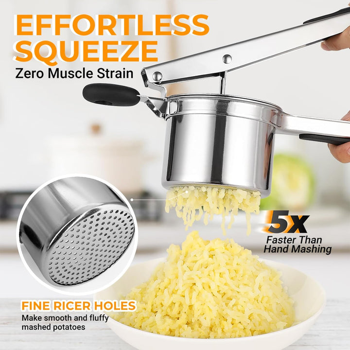Kartoffelpresse 15oz, robuster Kartoffelstampfer aus Edelstahl mit 3 austauschbaren Scheiben, grosse