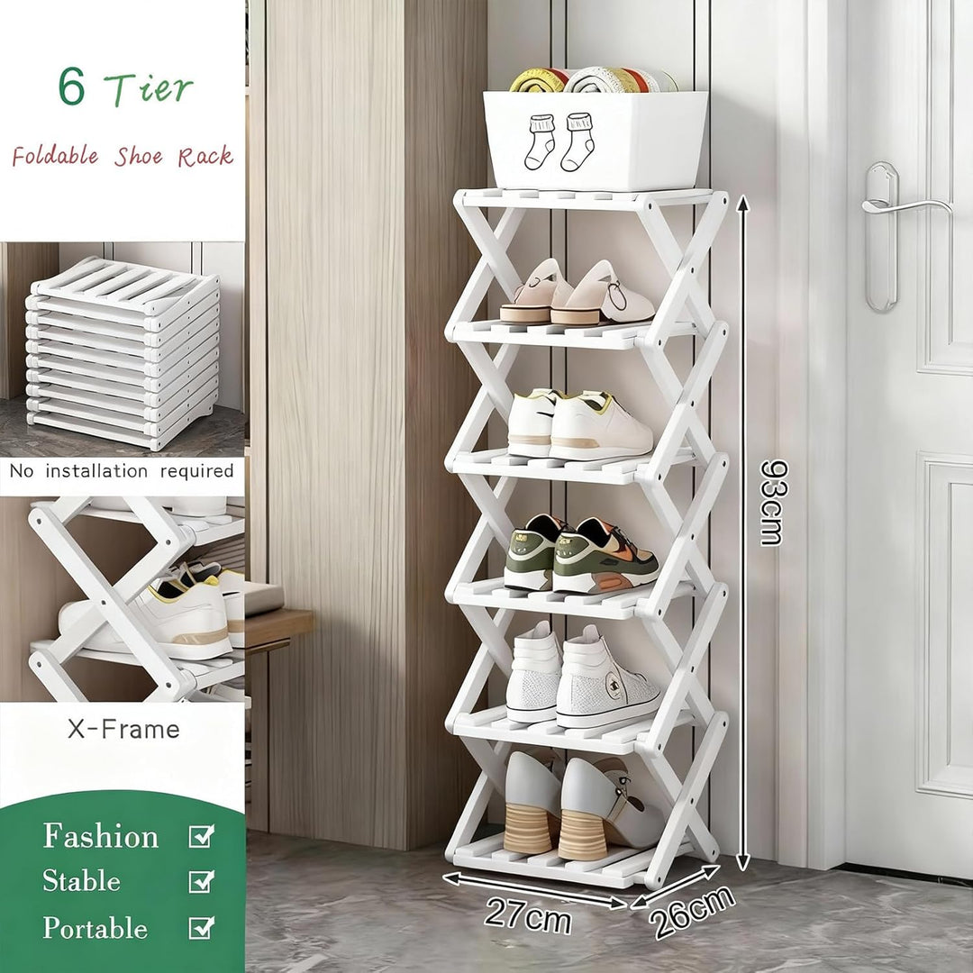 Kleines Schuhregal, weiss, 6 Etagen, Bambus, faltbar, Schuh-Organizer, freistehendes Regal für Einga