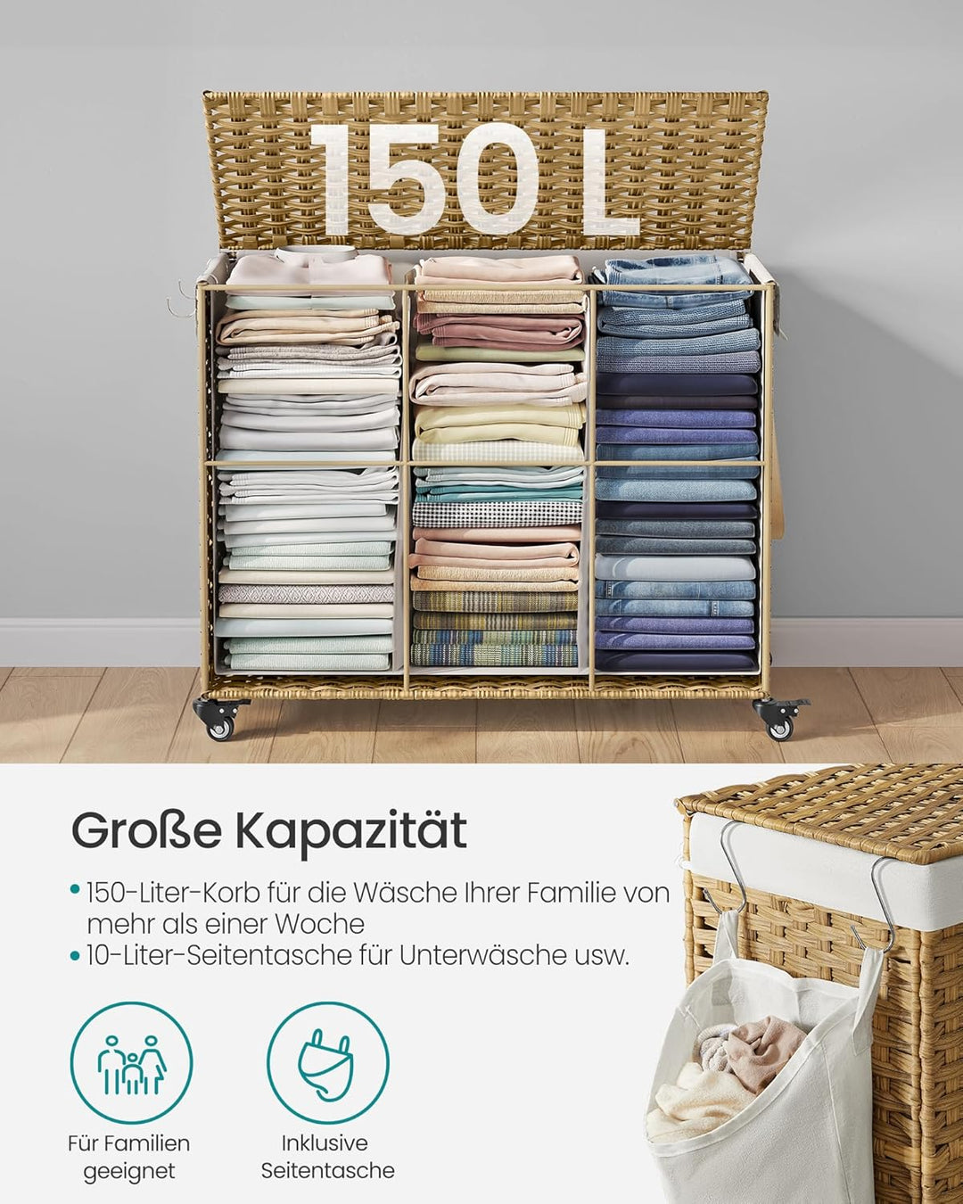 SONGMICS Wäschekorb mit Deckel, 160 L, Wäschesammler 3 Fächer, Wäschesortierer mit Rollen, in Rattan