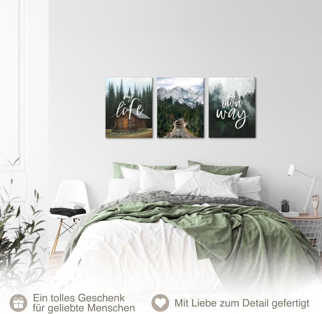 Novart Wandbilder Set Natur Berge - KOMPLETT AUFHÄNGFERTIG - Wohnzimmer Schlafzimmer Flur Deko - 3 M