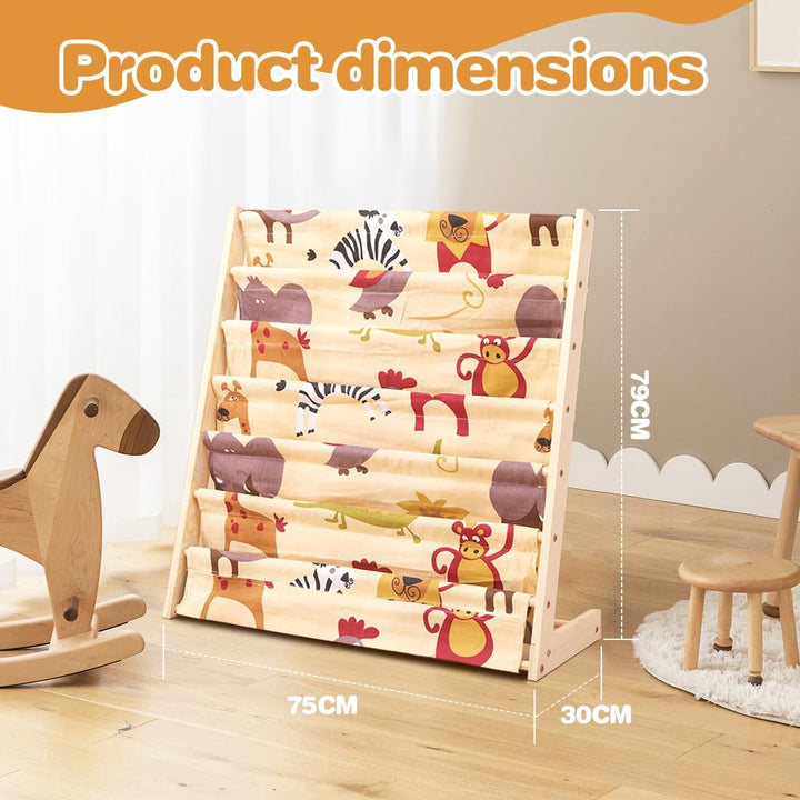 Kinder Bücherregal, 75x 30 x 79 cm Montessori Bücherregal mit 6 Ebenen und Stofffächern, Offenes Kin