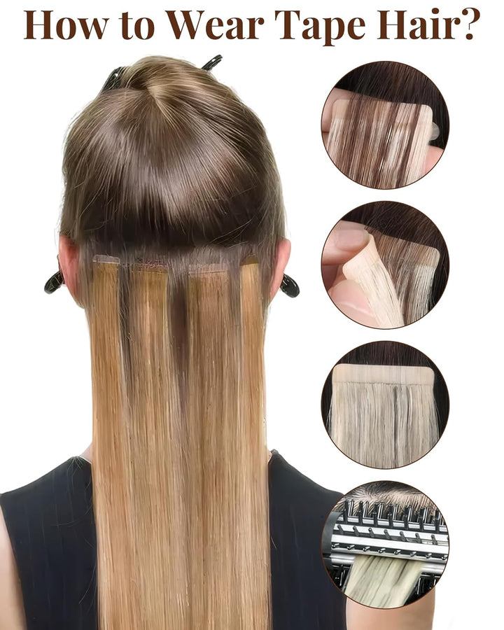 Hetto Echthaar Extensions Tape Braun 55CM Haarverlängerung Tape Echthaar Unsichtbar Glatt Extensions