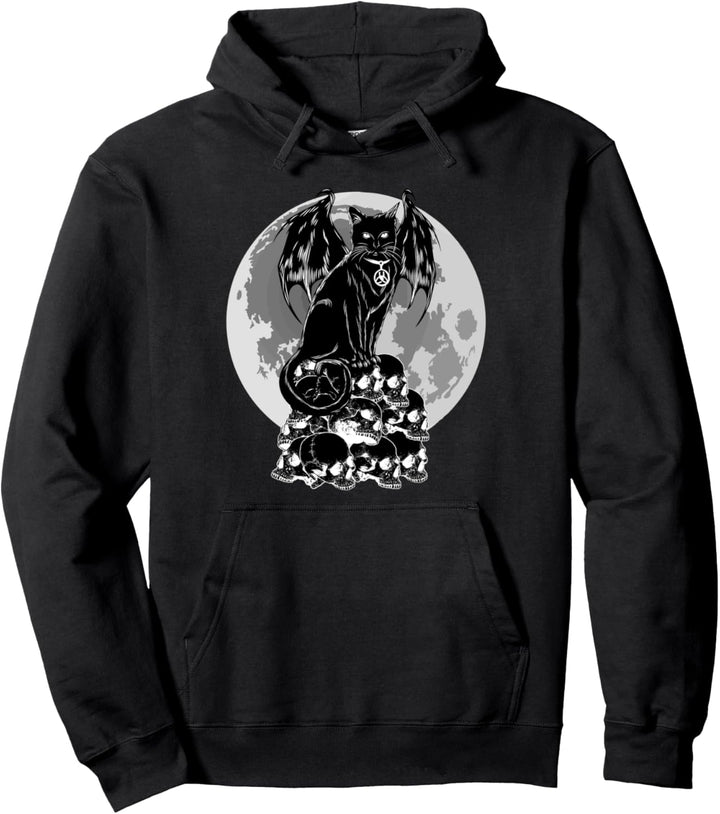 Halloween Schwarze Katze Vollmond Totenköpfe Satan Kult Sca Pullover Hoodie