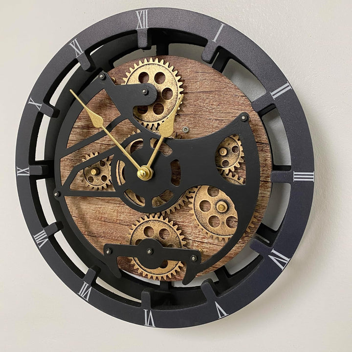 Tischuhr 25,4 cm mit echten beweglichen Zahnrädern, umwandelbar in Wanduhr (Vintage Brown)