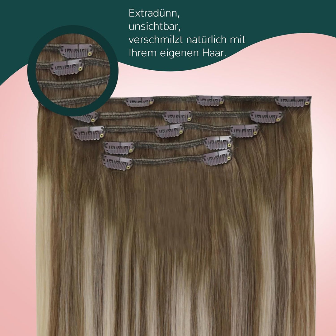 Easyouth Clip Extensions Echthaar Balayage Blond Echthaar Clip in Extensions Remy Haar Mittelbraun O