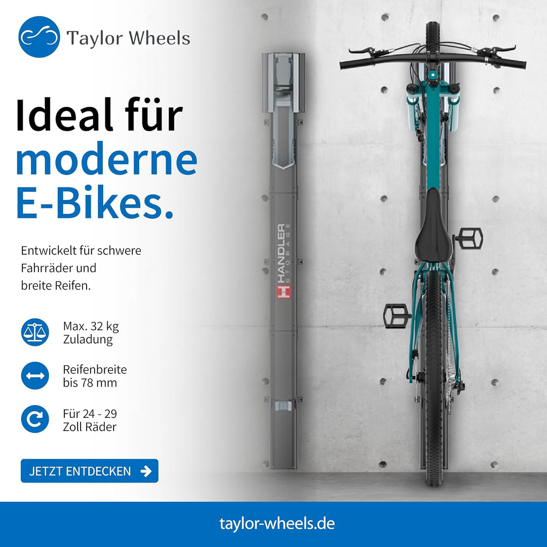 HANDLER Storage Fahrradlift 2ER-SET, Vertikale Wandhalterung in grau für E-Bikes &amp; Fahrräder bis 32k