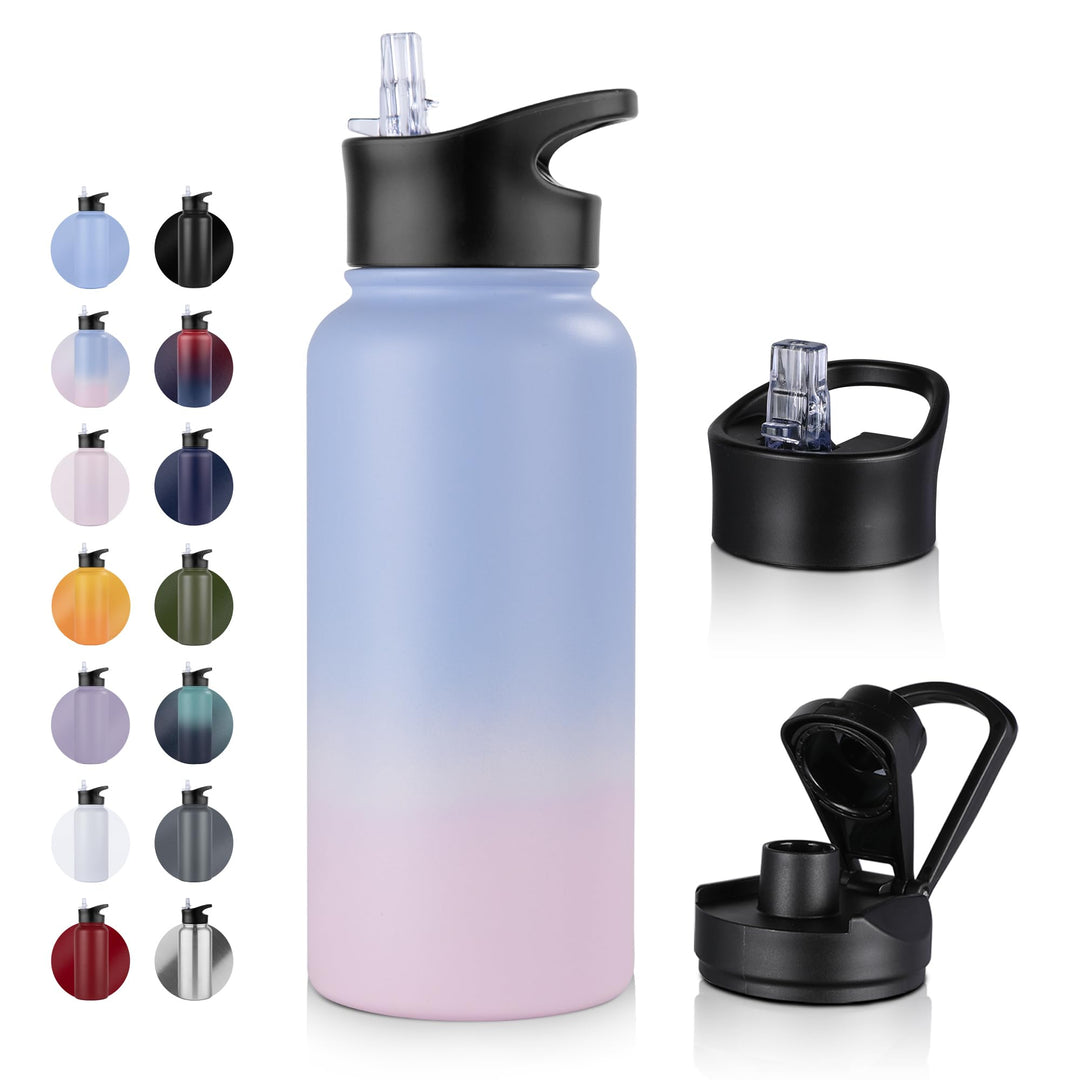 Edelstahl Trinkflasche - 1L - mit Strohhalm,Auslaufsicher,Kohlensäure Geeignet,BPA frei Thermosflasc