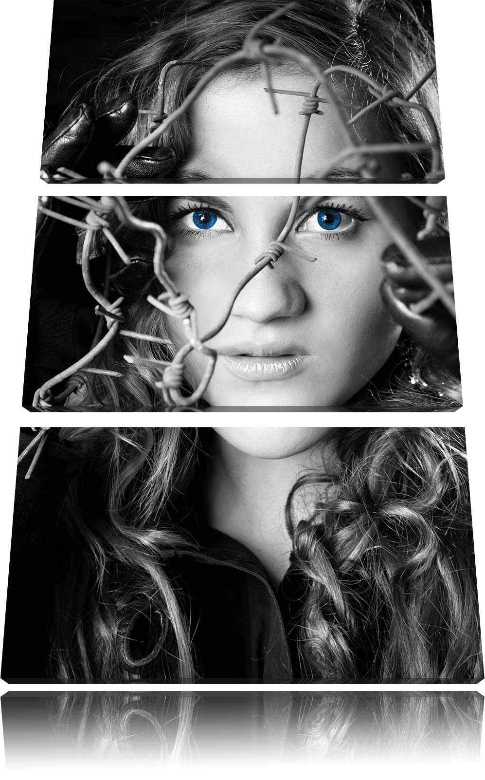 Sexy Girl mit ozeanblauen Augen vor Stacheldraht schwarz/weiss 3-Teiler Leinwandbild 120x80 Bild auf