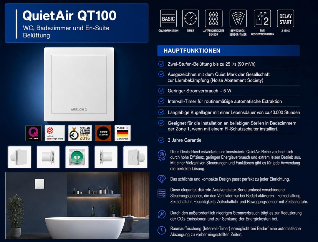 Airflow QT100HT 9041261 Abluftventilator, geräuscharm, Aktivierung durch Feuchtigkeit oder mittels Z