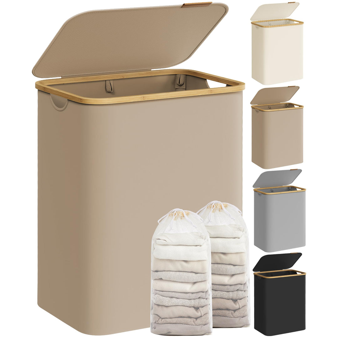 SONGMICS Wäschekorb mit Deckel, Wäschesammler mit 2 Fächern, 130 L, herausnehmbarer Wäschesack, Oxfo