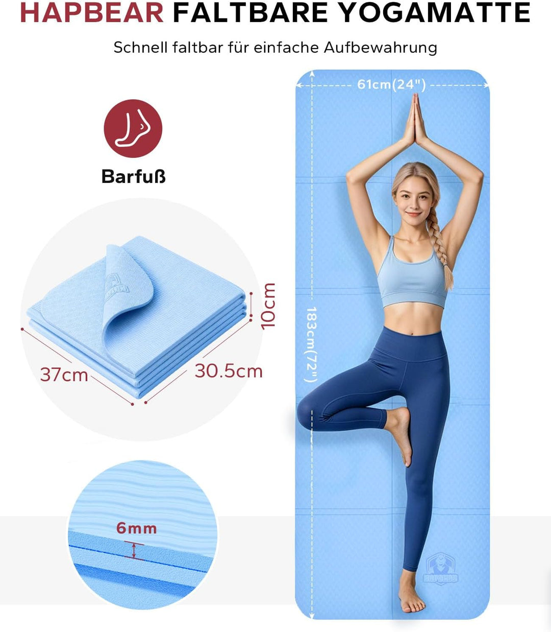 HAPBEAR Reise Yogamatte faltbar 183x61x0,6cm – rutschfeste TPE Yogamatte klappbar mit Tragetasche, l