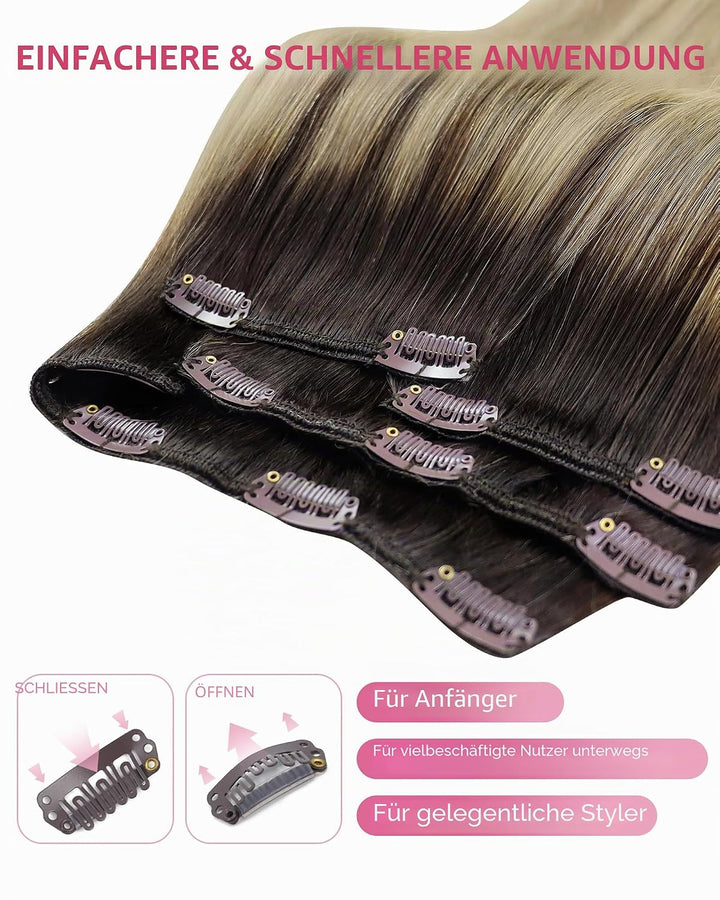 YoungSee Echthaar Extensions Clip Balayage Clip in Extensions Echthaar Braun Blond 35cm Extensions C