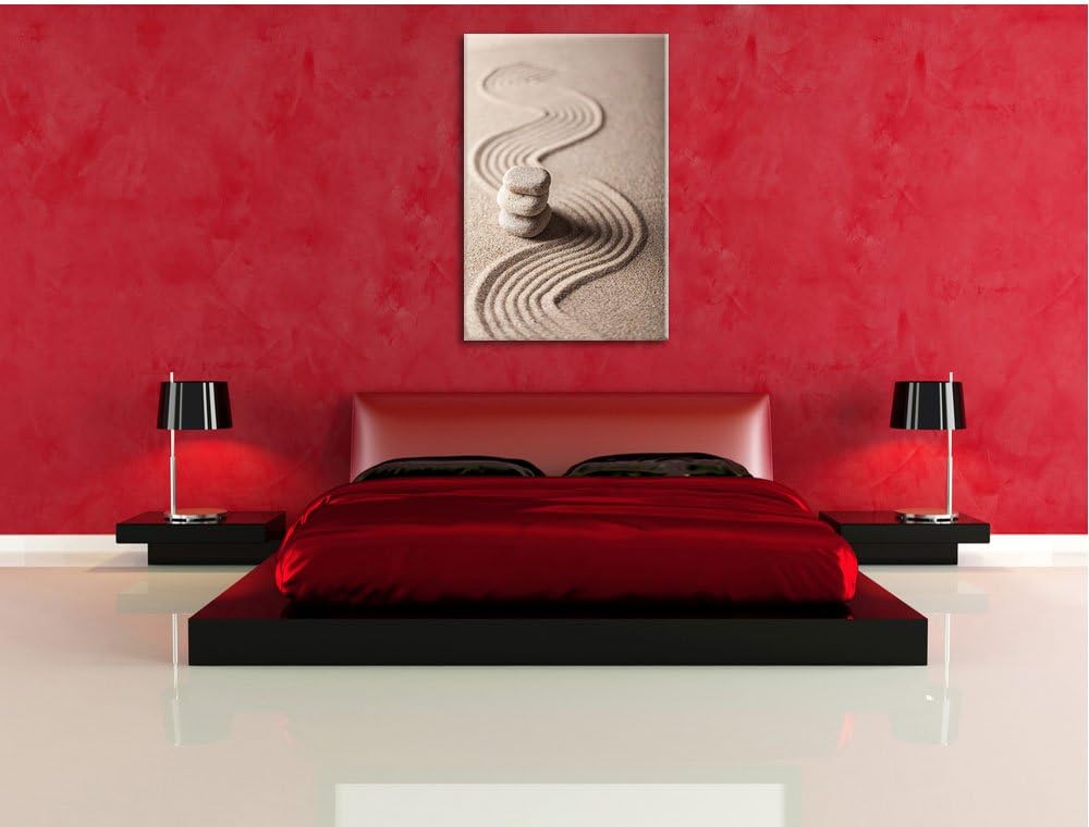 Pixxprint Wellenmuster im Sand mit Steinen, Format: 100x70 auf Leinwand, 100x70