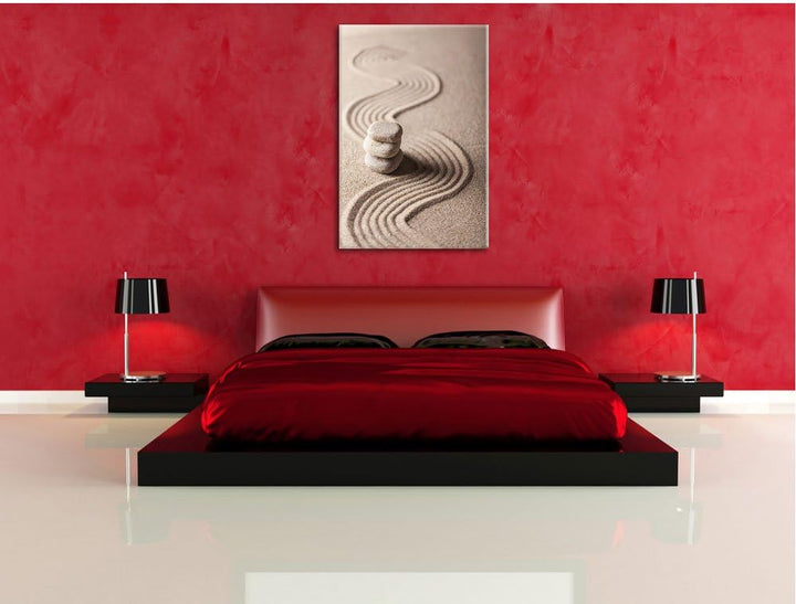 Pixxprint Wellenmuster im Sand mit Steinen, Format: 100x70 auf Leinwand, 100x70