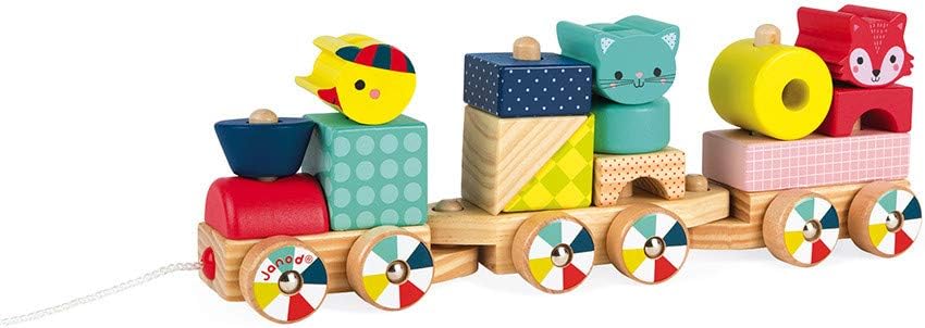 Janod - Baby Forest Holzzug, Nachziehspielzeug, mit 17 Bausteinen, zum Erlernen von Formen und Farbe