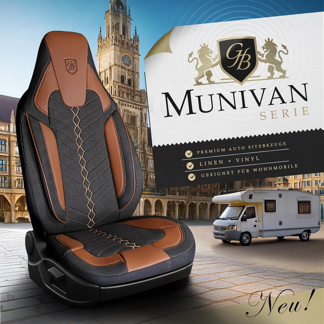 Autositzbezüge Universal für Wohnmobil & Caravan - Vordersitze Auto Sitzbezug aus Leinen, Schwarz-Te