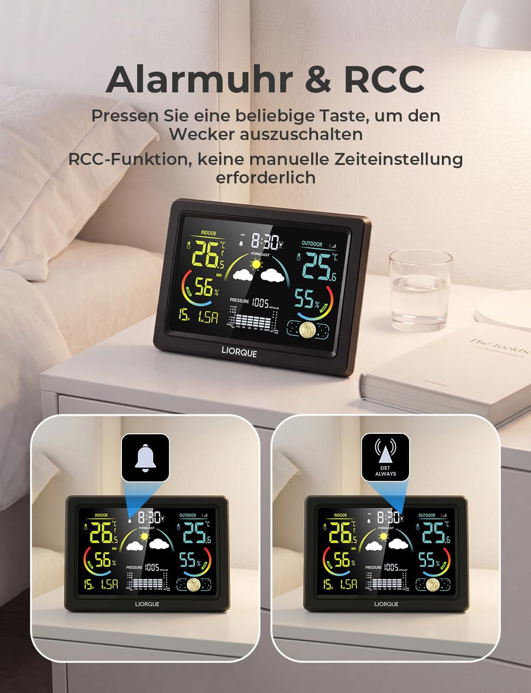 LIORQUE Wetterstation Funk mit Aussensensor, DCF Funkuhr, Funkwetterstation mit Wettervorhersage, In