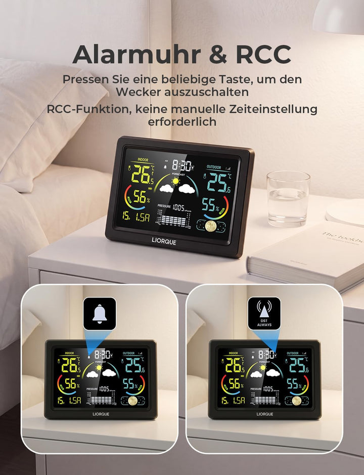 LIORQUE Wetterstation Funk mit Aussensensor, DCF Funkuhr, Funkwetterstation mit Wettervorhersage, In