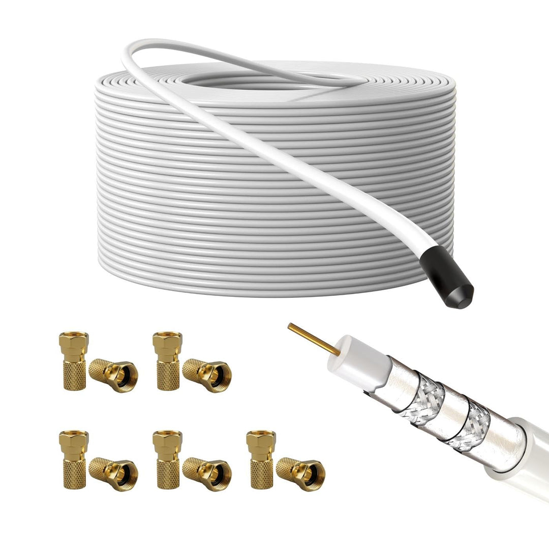 Lumonic Antennenkabel RG6 135dB 50m + 10x F-Stecker | 5-fach geschirmt - Schluss mit Bildstörungen |