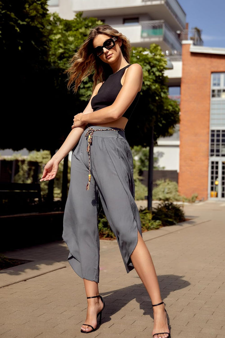 Och Bella Weite Lockere Damenhose mit Geschlitztem Bein Damenhose mit Schlitzen Wickelbeinen, Luftig